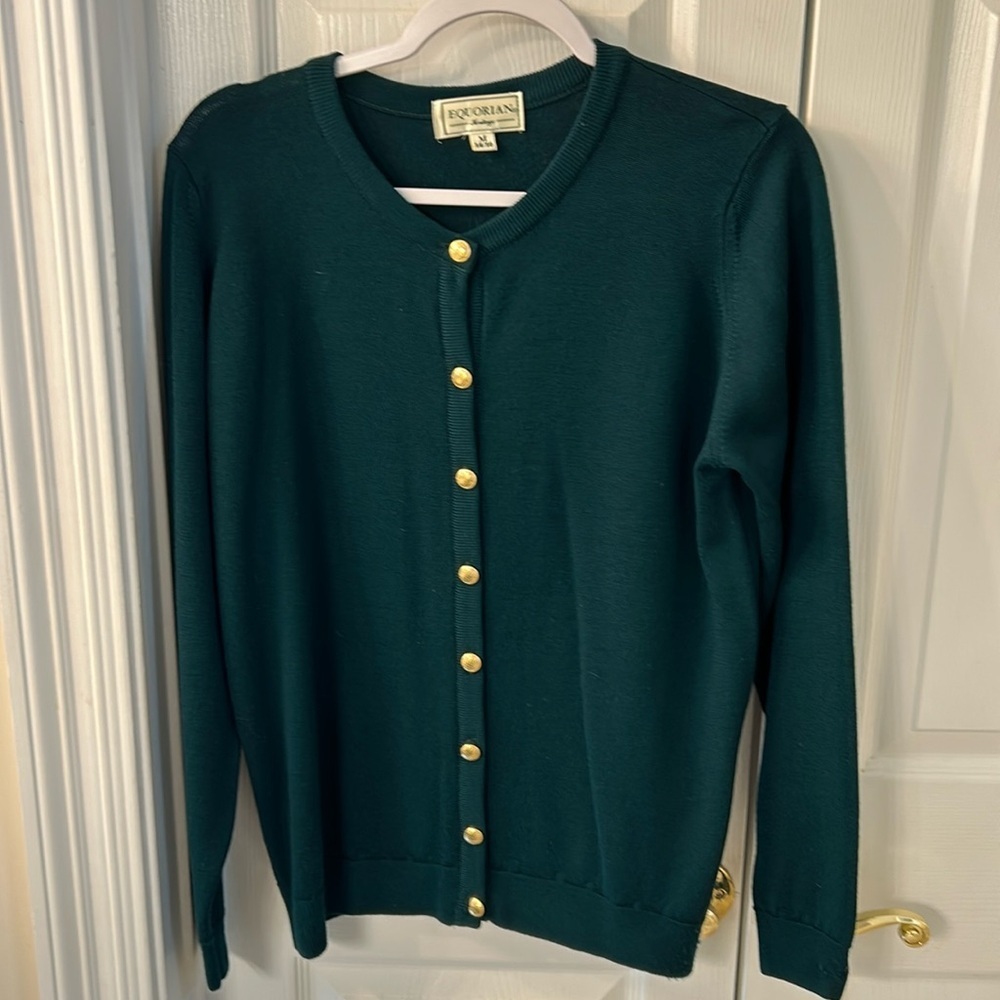 Vintage Equorian Heritage Emerald Green Lambswool Cardigan Sweater SZ M